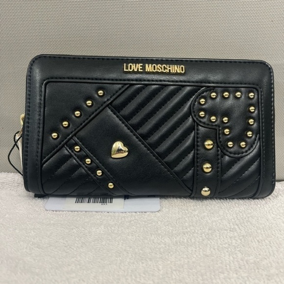 Love Moschino Black Gold Heart Studded Zip Wallet NWT